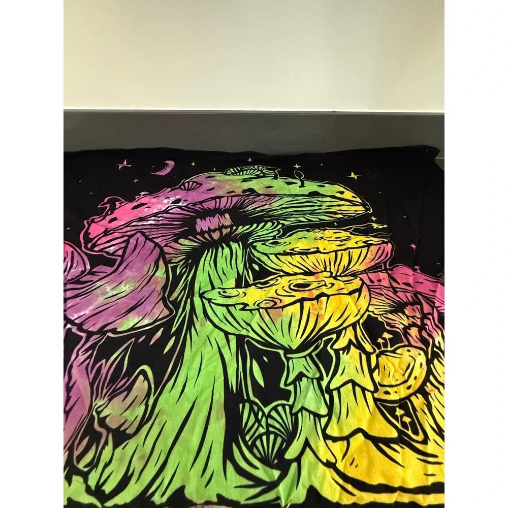 Psychedelic Mushroom Tapestry Black Tie Dye Neon Pink Yellow Wall Hanging Cotton